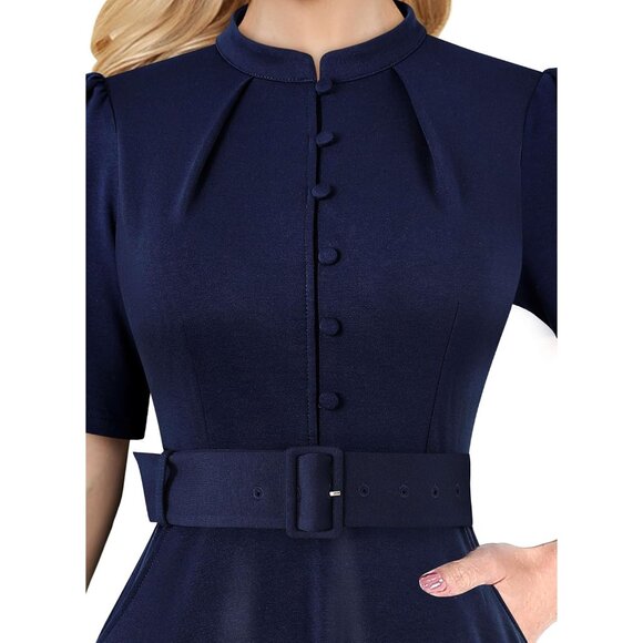 Women's Navy Blue Fit Flare Midi Dress Polyester Cotton Spandex Work Office - Picture 3 of 6